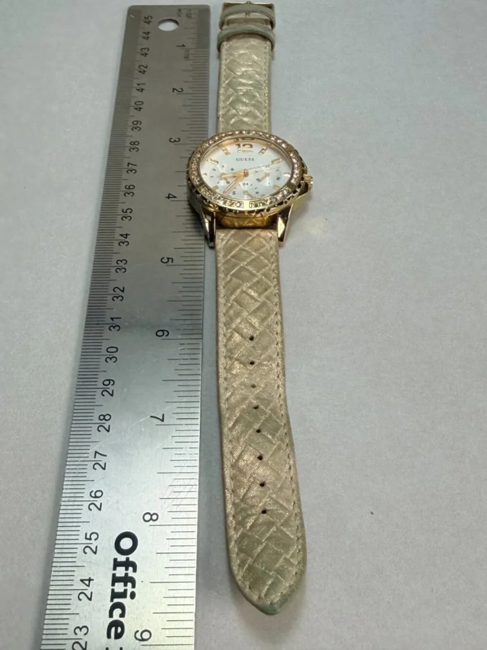 Guess Crystal Bezel Gold Tone Watch Quilted Strap Multifunction